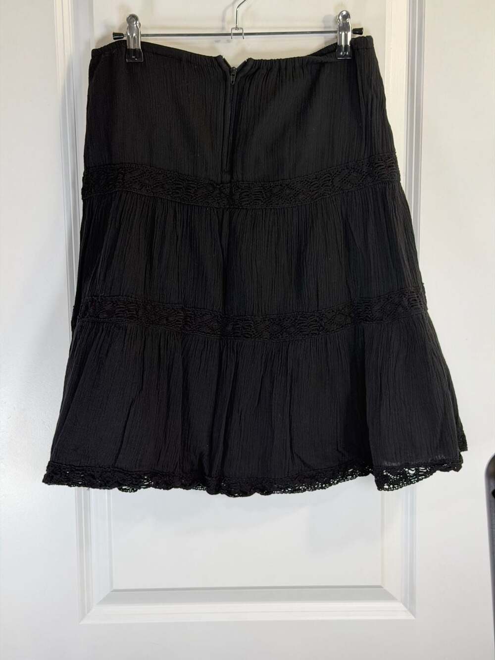 Lucy Love Black Tiered Boho Mini Skirt with Crochet Lace Trim and Beaded Tassels - Picture 5 of 7